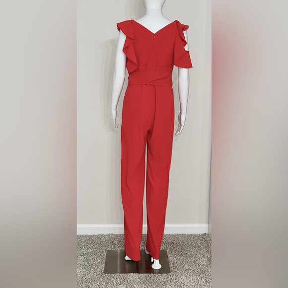 NWT Halston Heritage Women Cold Shoulder Ruffled V-Neck Red Jumpsuit MSRP $ 445 - Picture 4 of 7